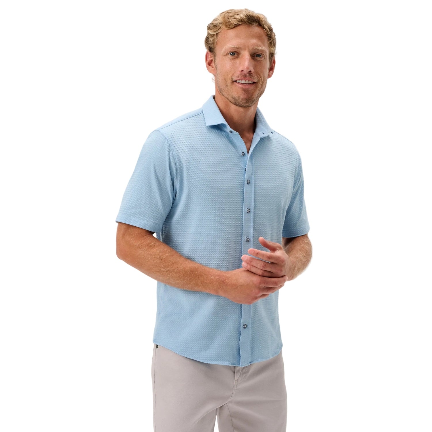 men's button up short sleeve dress shirts Twillory Men's Short Sleeve Button Down Polo - Powder Blue - Tailored Fit, Moisture-Wicking