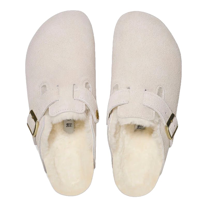 Birkenstock WOMENS FOOTWEAR - WOMENS SANDALS - WOMENS SANDALS CASUAL Women's Boston Shearling Suede Leather ANTIQUE WHITE|ANTIQUE WHITE