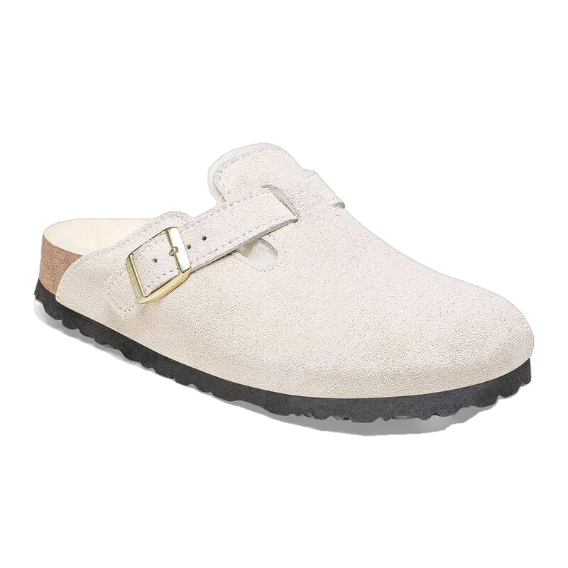 Birkenstock WOMENS FOOTWEAR - WOMENS SANDALS - WOMENS SANDALS CASUAL Women's Boston Shearling Suede Leather ANTIQUE WHITE|ANTIQUE WHITE