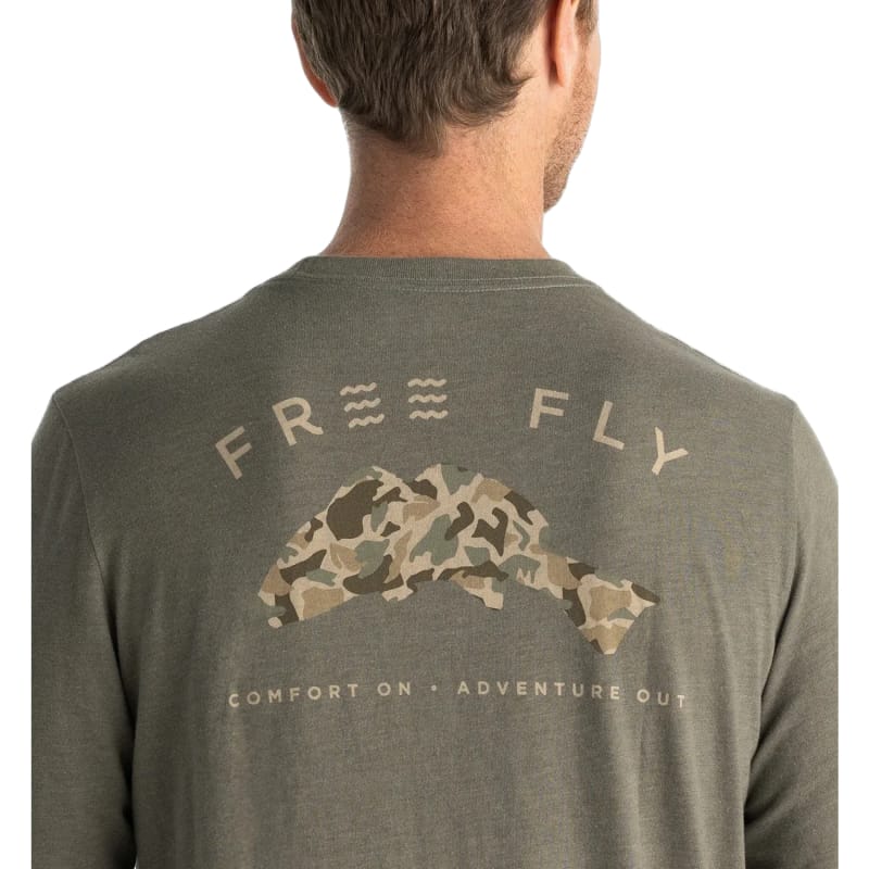 Free Fly Apparel 01. MENS APPAREL - MENS T-SHIRTS - MENS T-SHIRT LS Men's Redfish Camo Long Sleeve HEATHER FATIGUE