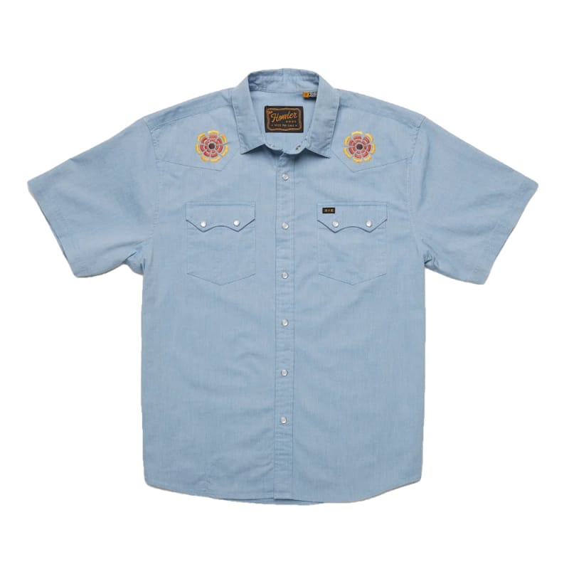 Howler Bros 01. MENS APPAREL - MENS SS SHIRTS - MENS SS BUTTON UP Men's Crosscut Deluxe Short Sleeve BEACH BLOOMS | BLUE CHAMBRAY