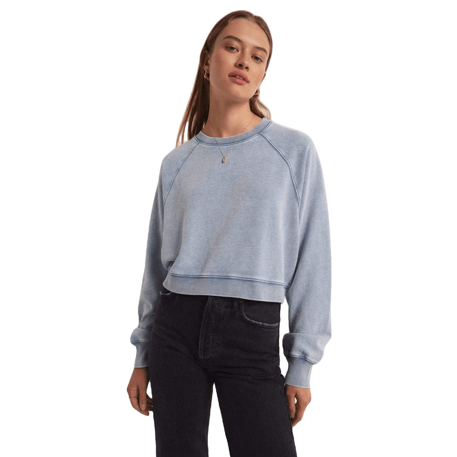 Women s Crop Out Knit Denim Sweatshirt