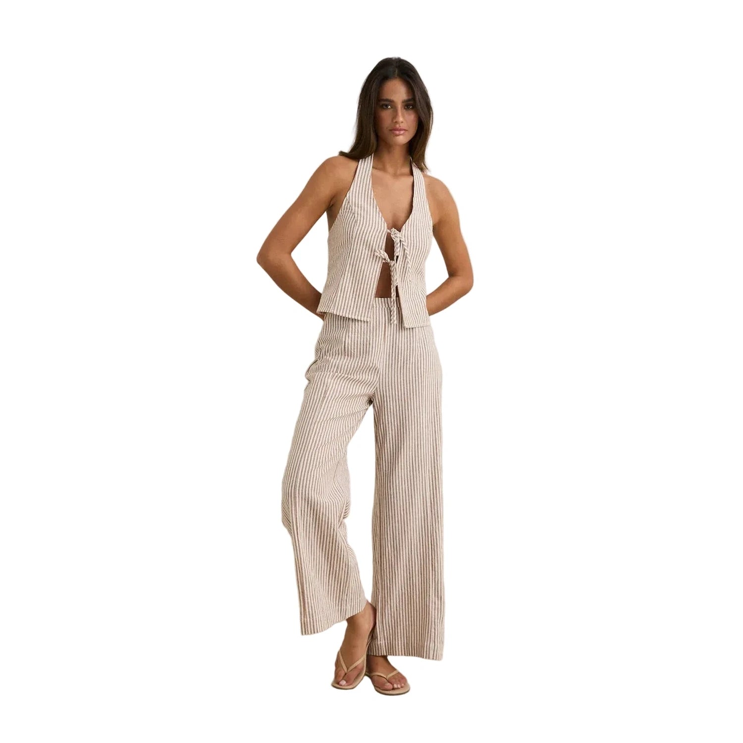 Rhythm 02. WOMENS APPAREL - WOMENS SS SHIRTS - WOMENS TANK CASUAL Women's Louise Tie Front Halter Top TAN