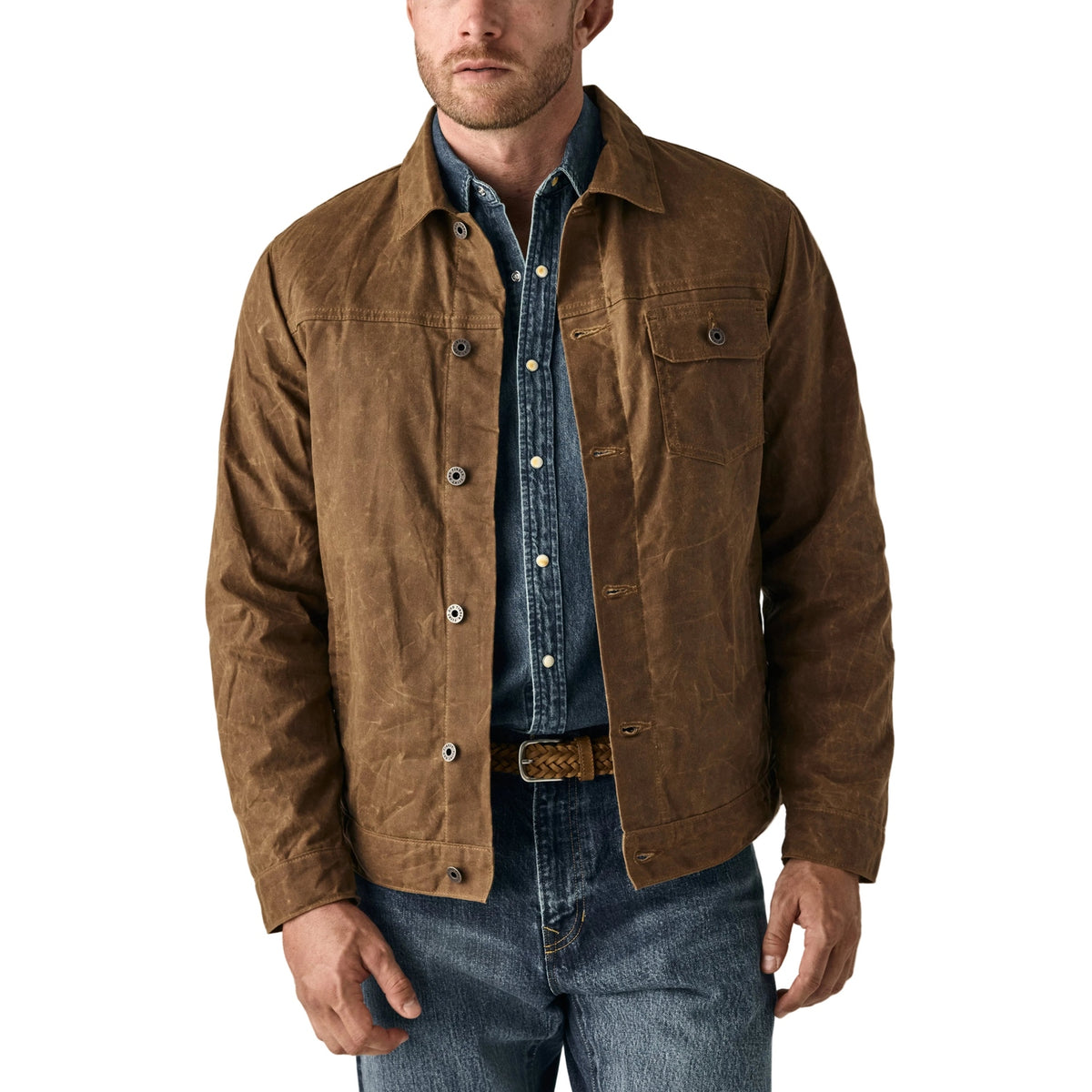 Men's Flannel-Lined Waxed Trucker Jacket in Havana, on model, front
