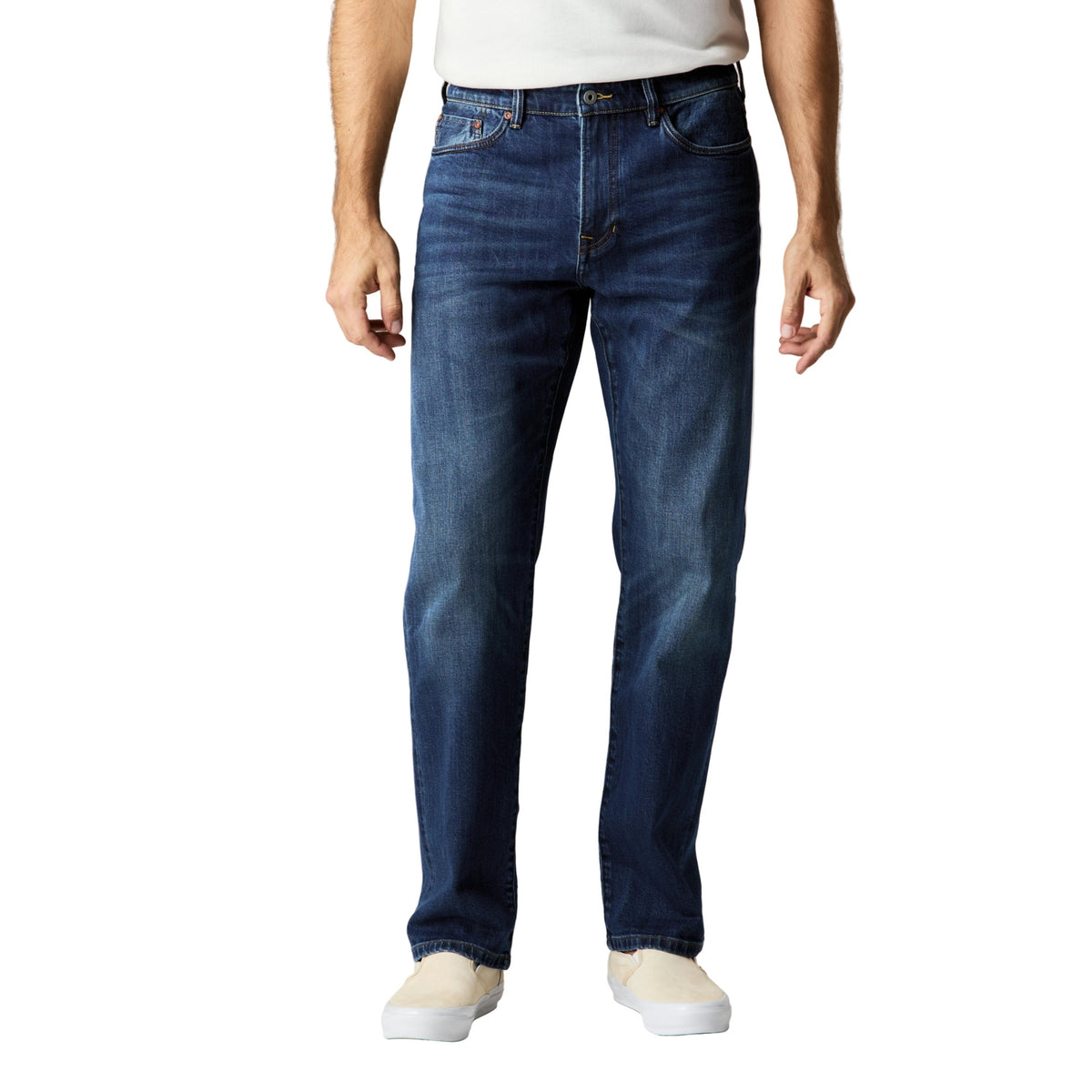 Men's Stretch Selvedge Denim in Medium Wash, on model, front