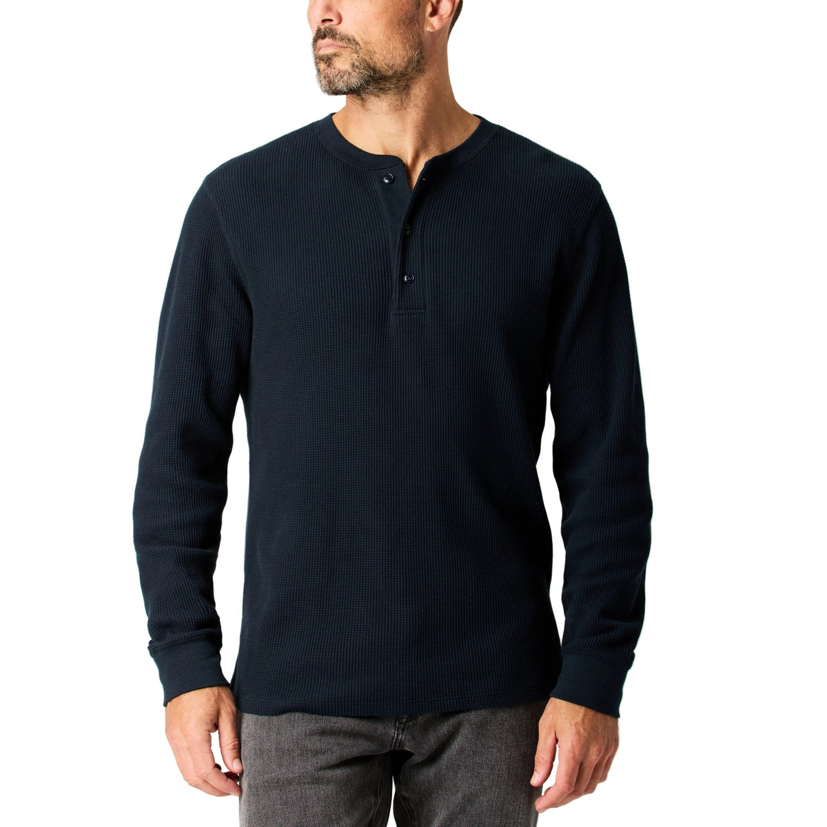 Men's Waffle Thermal Henley in Navy, on model, front