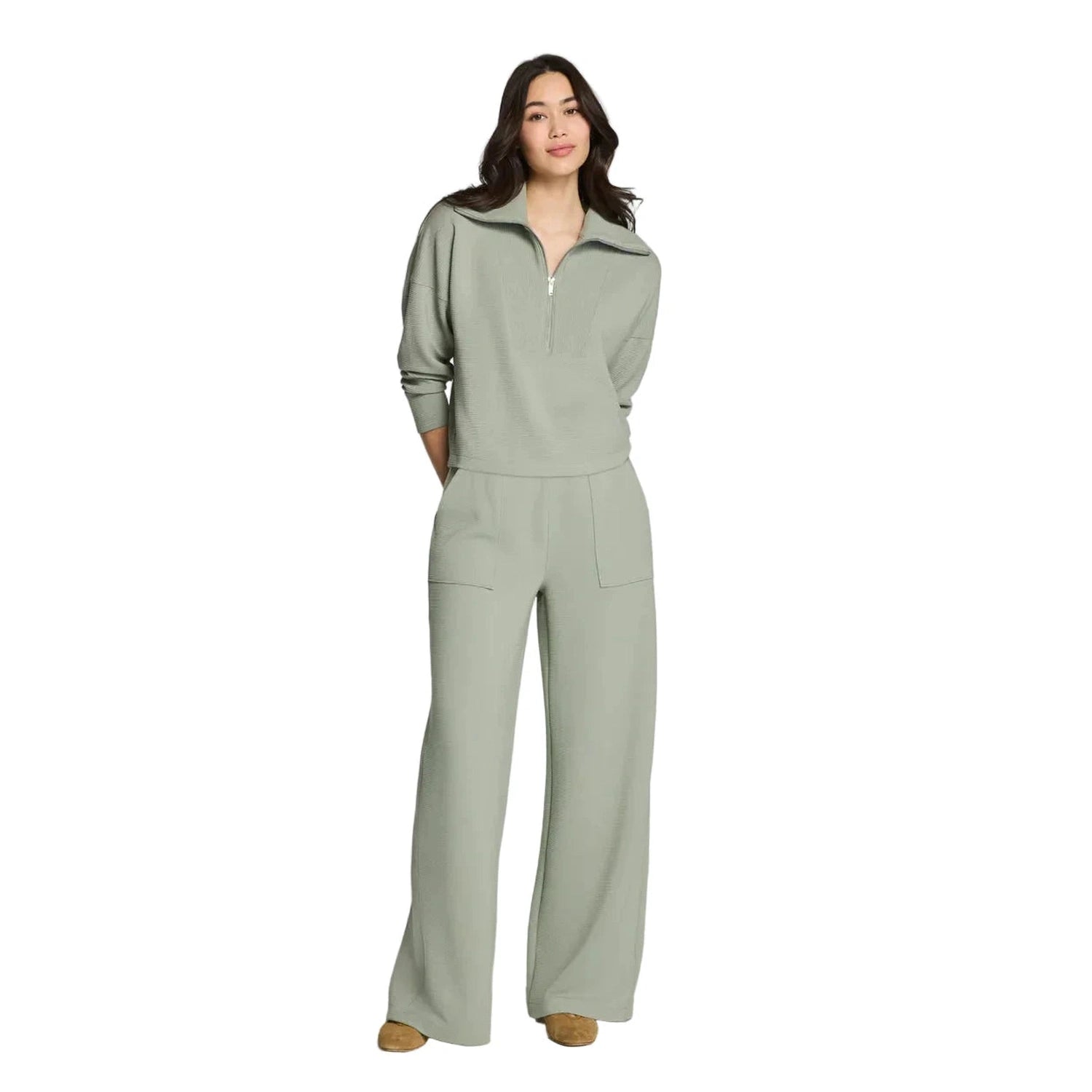 SPANX 02. WOMENS APPAREL - WOMENS HOODIES|SWEATERS - WOMENS PO Q ZIP Women's AirEssentials® French Rib Half Zip SAGE BRUSH