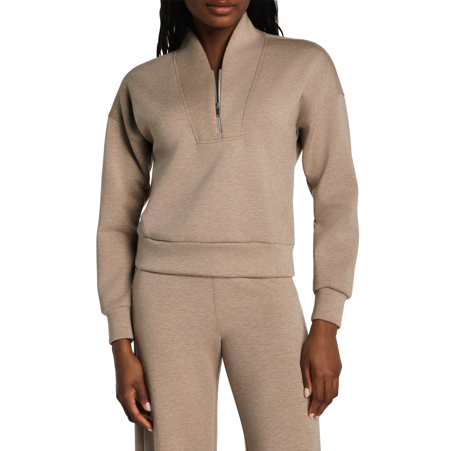 SPANX 02. WOMENS APPAREL - WOMENS HOODIES|SWEATERS - WOMENS PO Q ZIP Women's AirEssentials Shawl Collar Half Zip DUNE HEATHER
