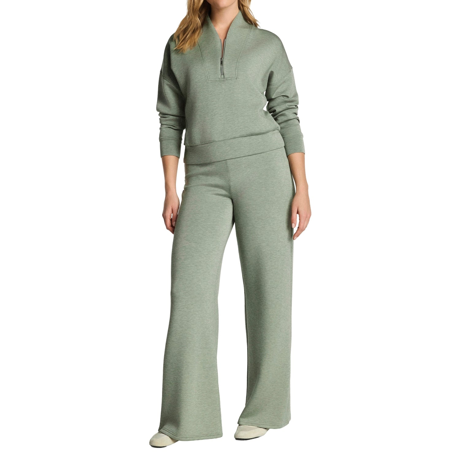 SPANX 02. WOMENS APPAREL - WOMENS HOODIES|SWEATERS - WOMENS PO Q ZIP Women's AirEssentials Shawl Collar Half Zip SAGE BRUSH HTR