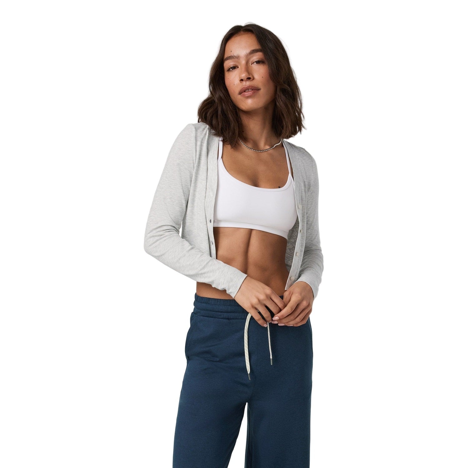 Vuori 02. WOMENS APPAREL - WOMENS LS SHIRTS - WOMENS LS CASUAL Women's Long Sleeve Pose Mini Cardigan WHG WHITE HEATHER GREY