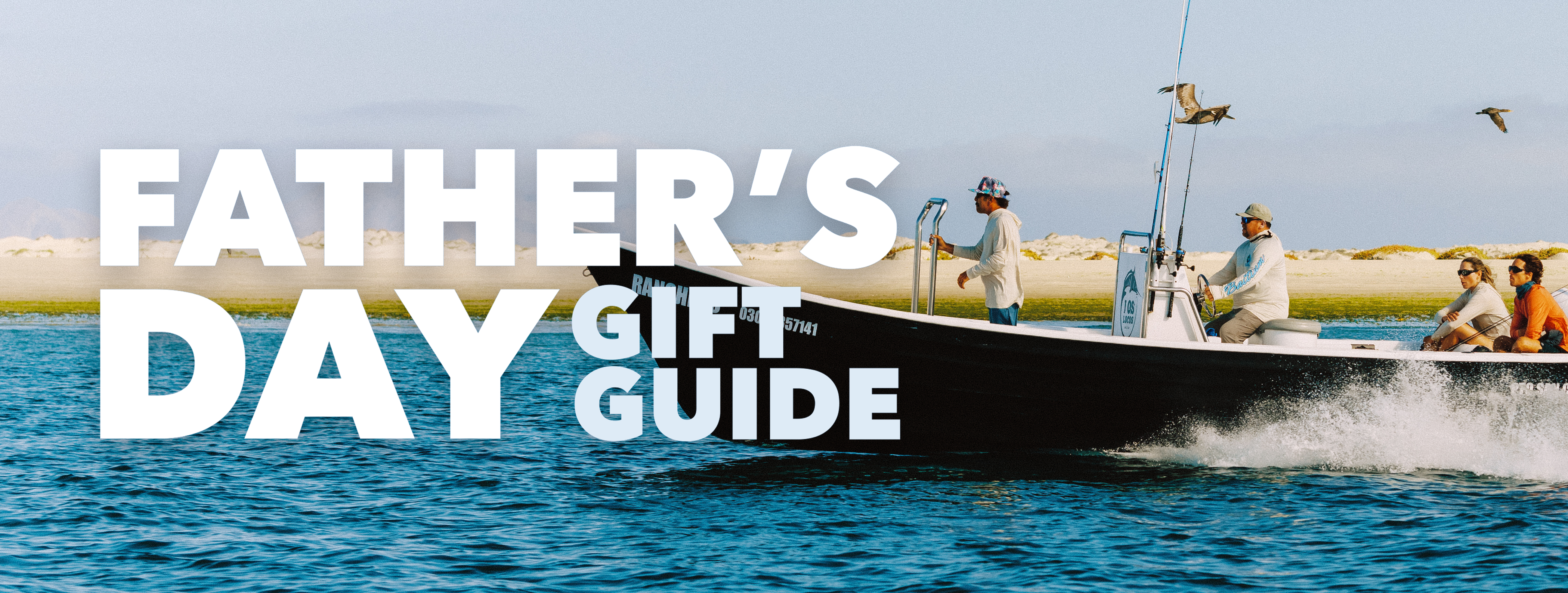 Boat on water with people fishing, text 'Father's Day Gift Guide' overlayed.