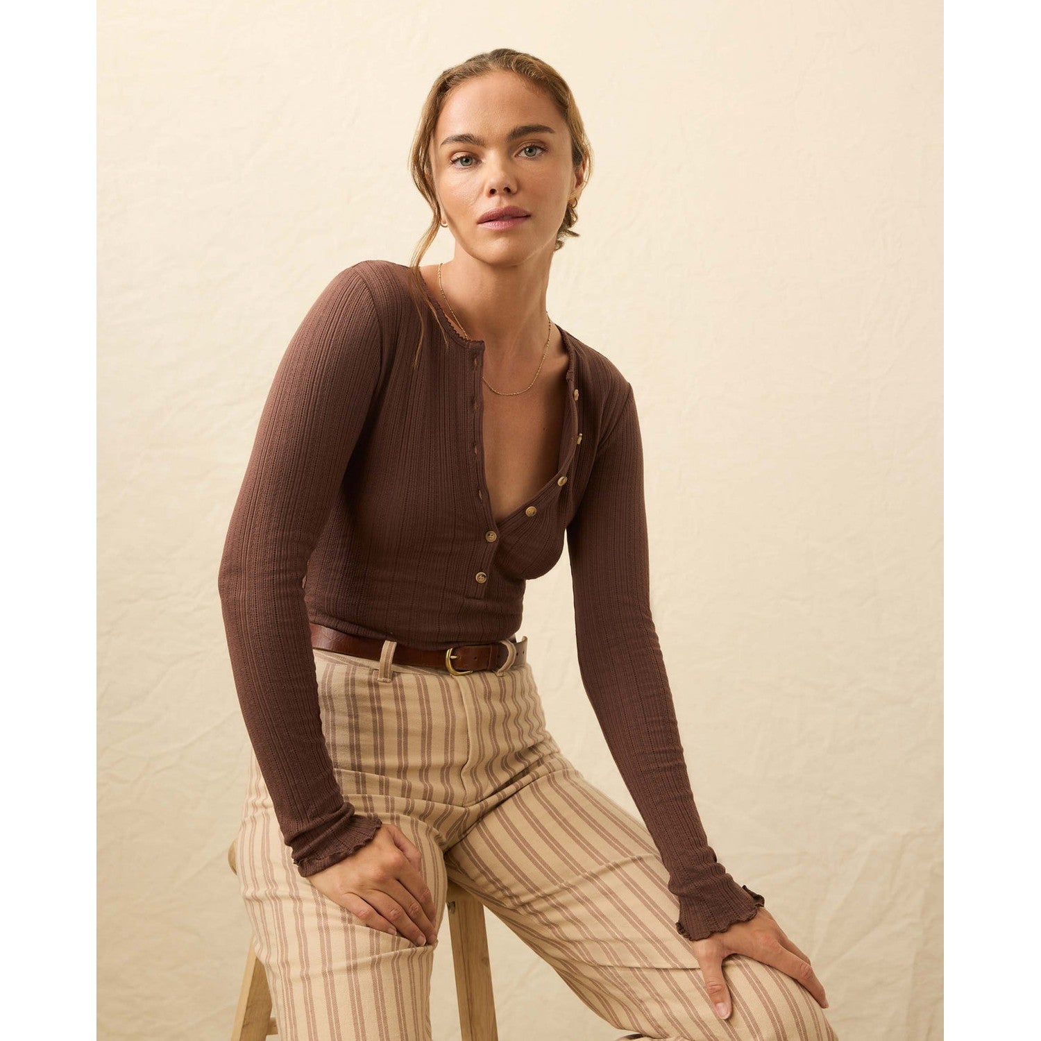 Faherty 02. WOMENS APPAREL - WOMENS LS SHIRTS - WOMENS LS CASUAL Women's Paradise Pointelle Henley CHB CHOCOLATE BROWN