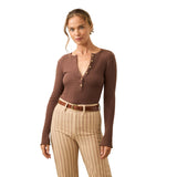 Faherty 02. WOMENS APPAREL - WOMENS LS SHIRTS - WOMENS LS CASUAL Women's Paradise Pointelle Henley CHB CHOCOLATE BROWN