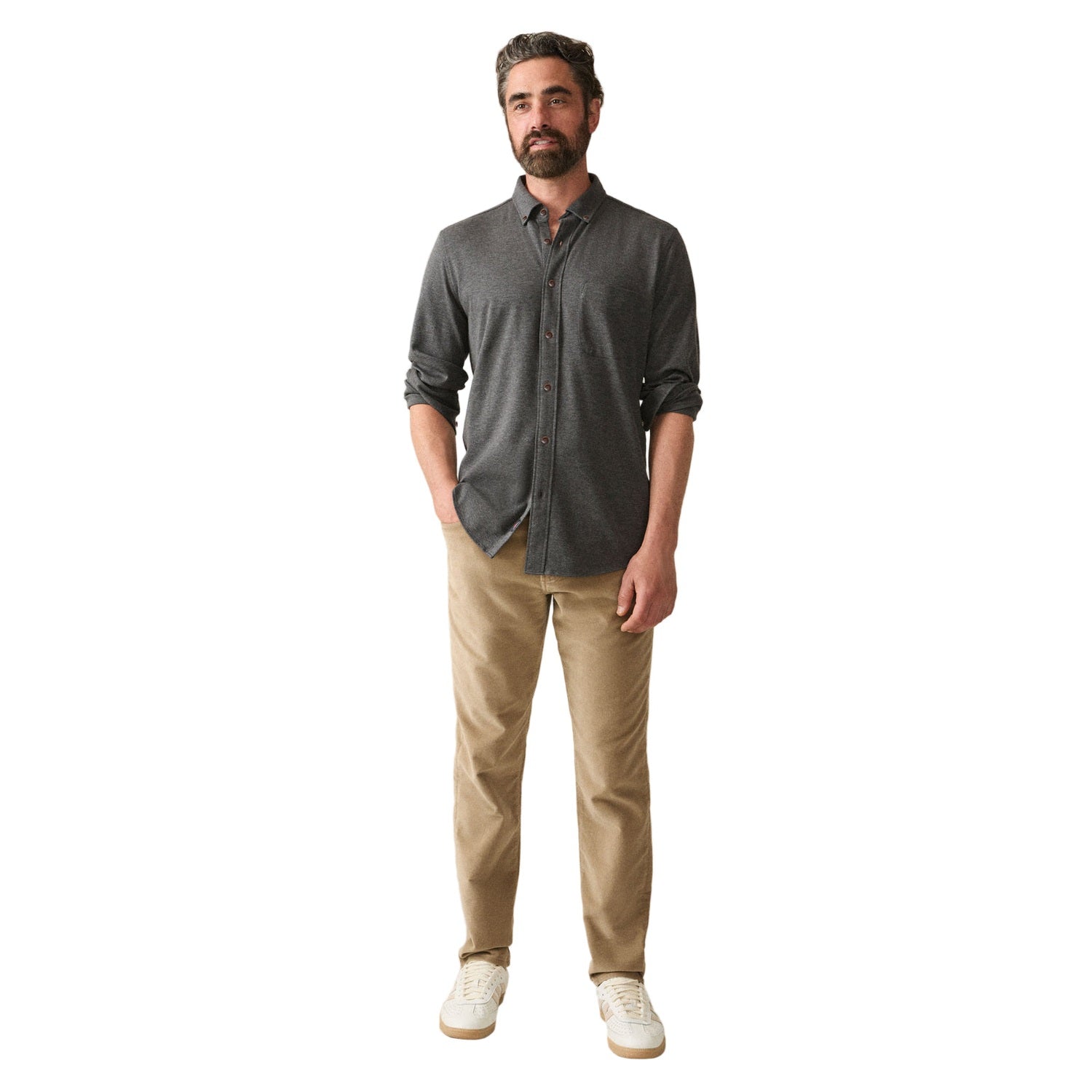 Faherty 01. MENS APPAREL - MENS LS SHIRTS - MENS LS BUTTON UP Men's Coastline Knit Shirt ROW CHARCOAL HEATHER TWILL