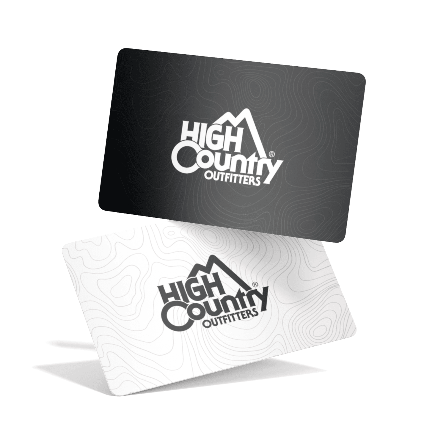 Two 'High Country Outfitters' gift cards, one black and one white with a logo, on a white background.