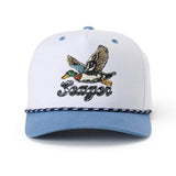 White cap with blue visor featuring a duck design and 'Seager' branding on a white background