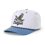 White and blue cap with a duck design and 'Seager' branding on a white background