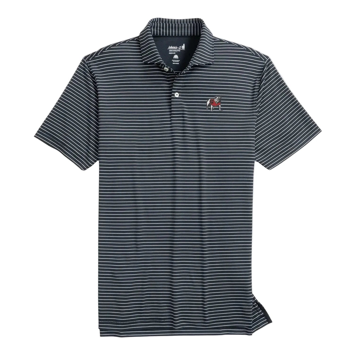 Black and white striped polo shirt with a logo on a white background