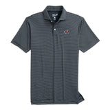 Black and white striped polo shirt with a logo on a white background