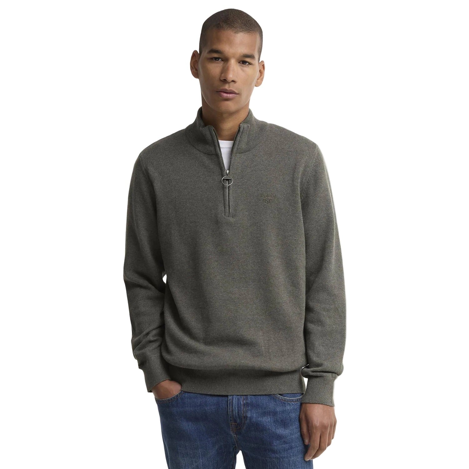 Men’s Cotton Half Zip Knitted Jumper Barbour - OLIVE MARL