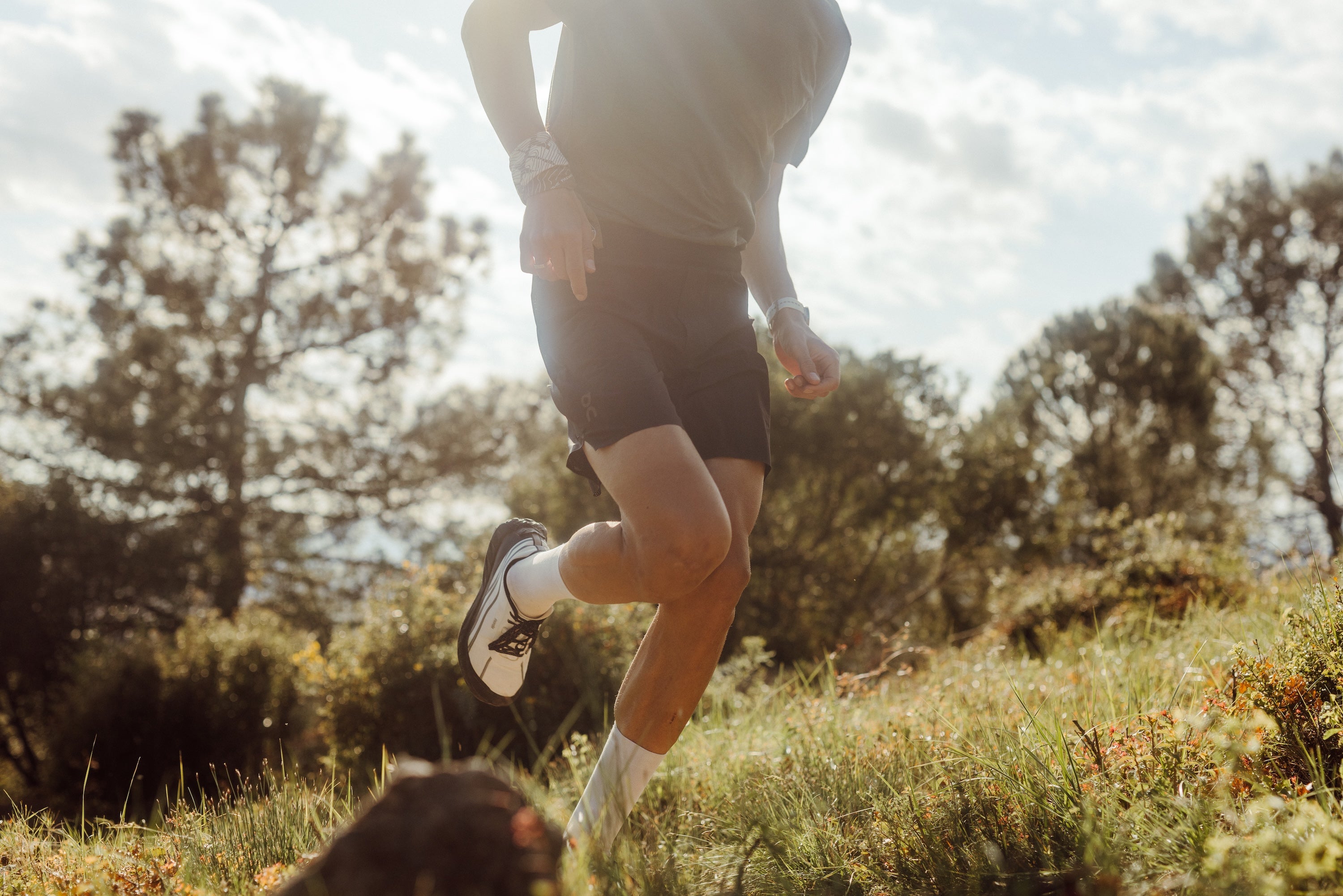 Person running outdoors in a natural setting with trees and grass.