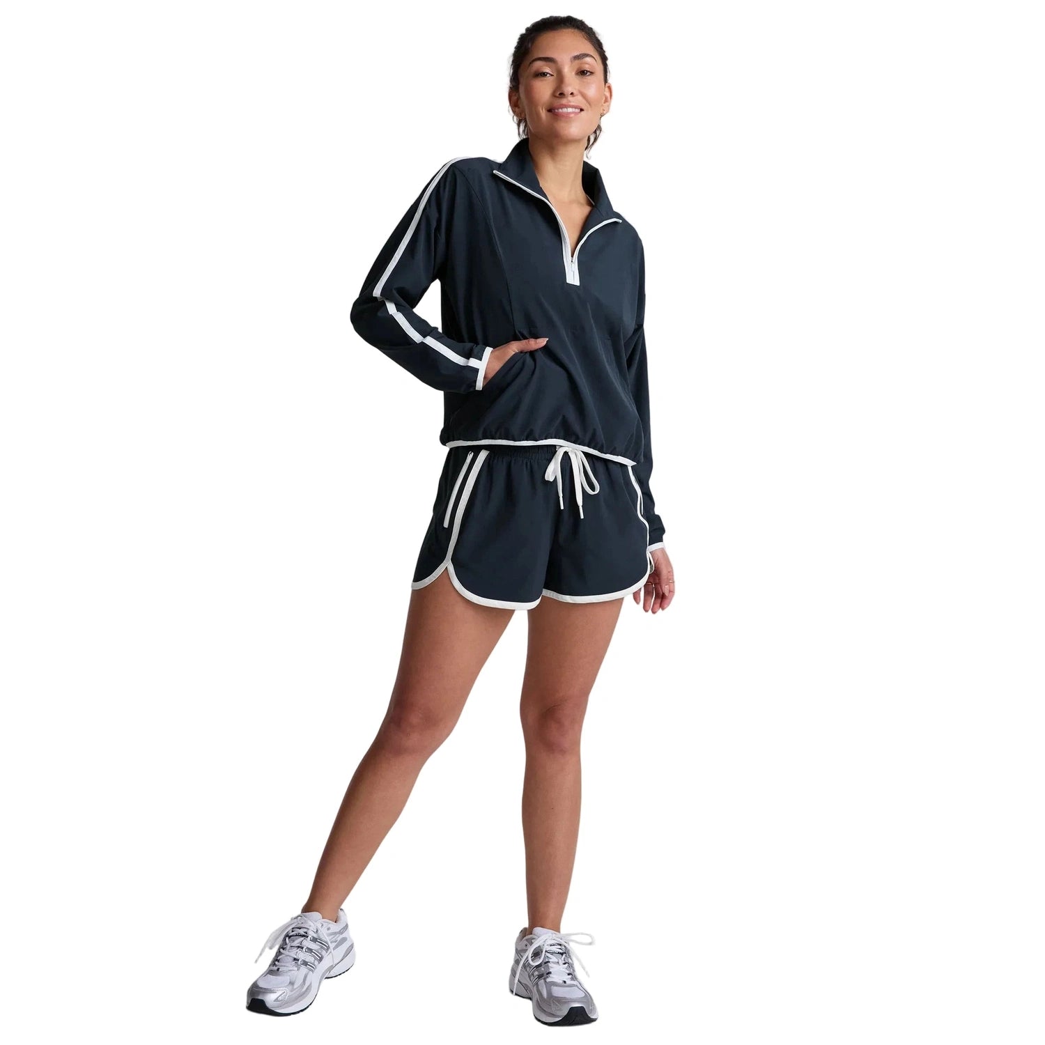 Beyond Yoga 02. WOMENS APPAREL - WOMENS HOODIES|SWEATERS - WOMENS PO Q ZIP Women's Stretch Woven Course Contrast Half Zip Pullover NOCTURNAL NAVY