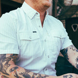 Poncho Outdoors 01. MENS APPAREL - MENS SS SHIRTS - MENS SS BUTTON UP Men's Western Pearl Snap Shirt Short Sleeve THE GET IN LINE|BABY BLUE VERTICAL STRIPE | SLIM: