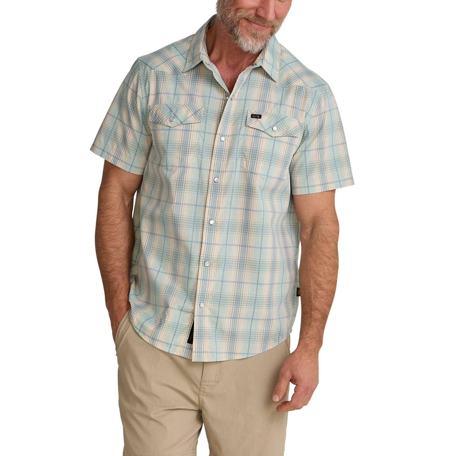 Howler Bros 01. MENS APPAREL - MENS SS SHIRTS - MENS SS BUTTON UP Men's H Bar B Snapshirt PRAIRIE PLAID | SEAFOAM