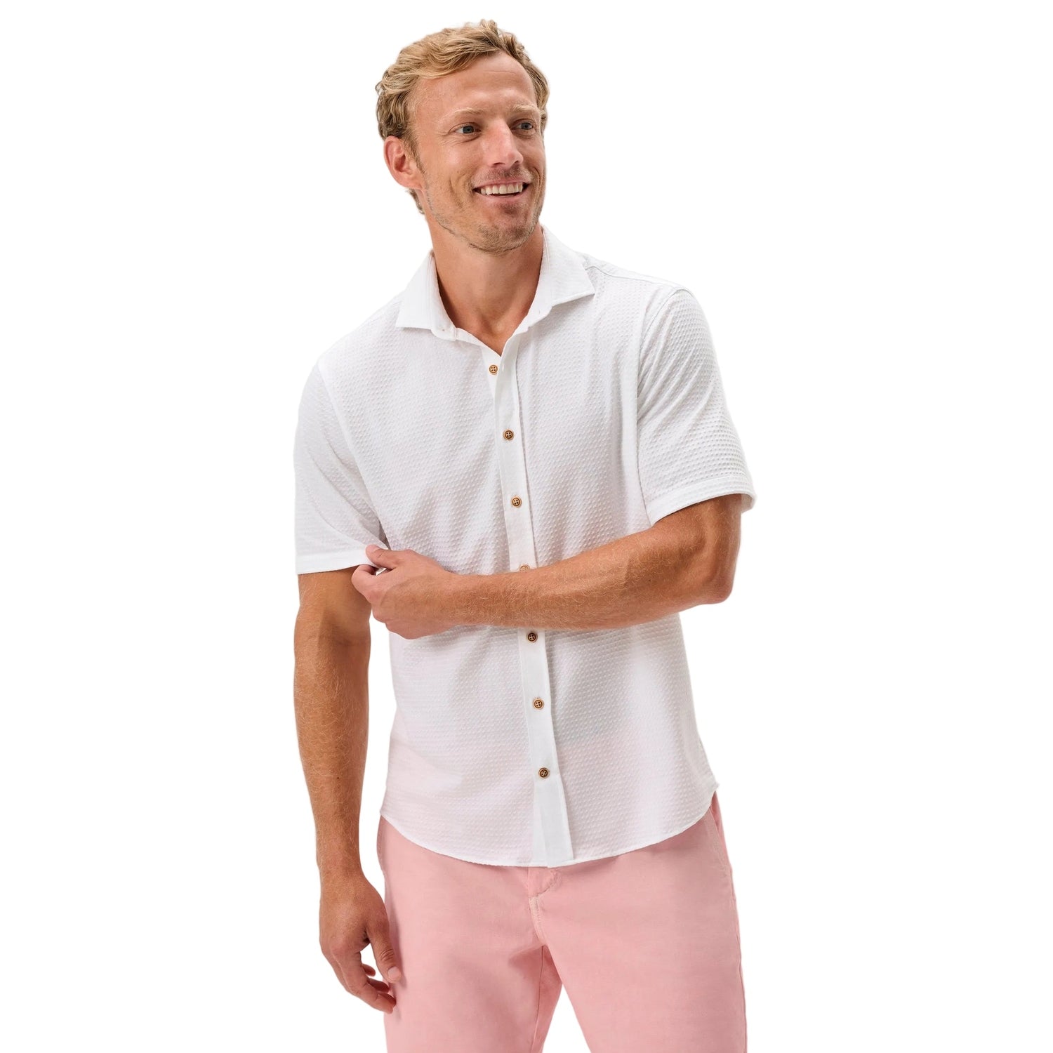 johnnie-O 01. MENS APPAREL - MENS SS SHIRTS - MENS SS BUTTON UP Men's Short Sleeve Hangin' Out Knit Button Up Shirt - Surfsucker WHITE