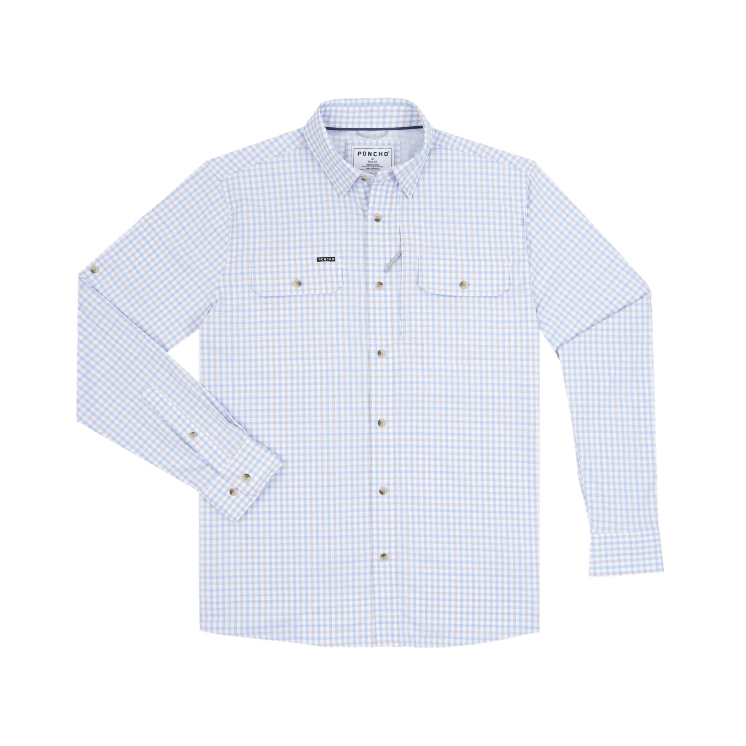 Poncho Outdoors 01. MENS APPAREL - MENS LS SHIRTS - MENS LS BUTTON UP Men's Original Long Sleeve Shirt THE CATFISH | BLUE AND GREY PLAID | SLIM