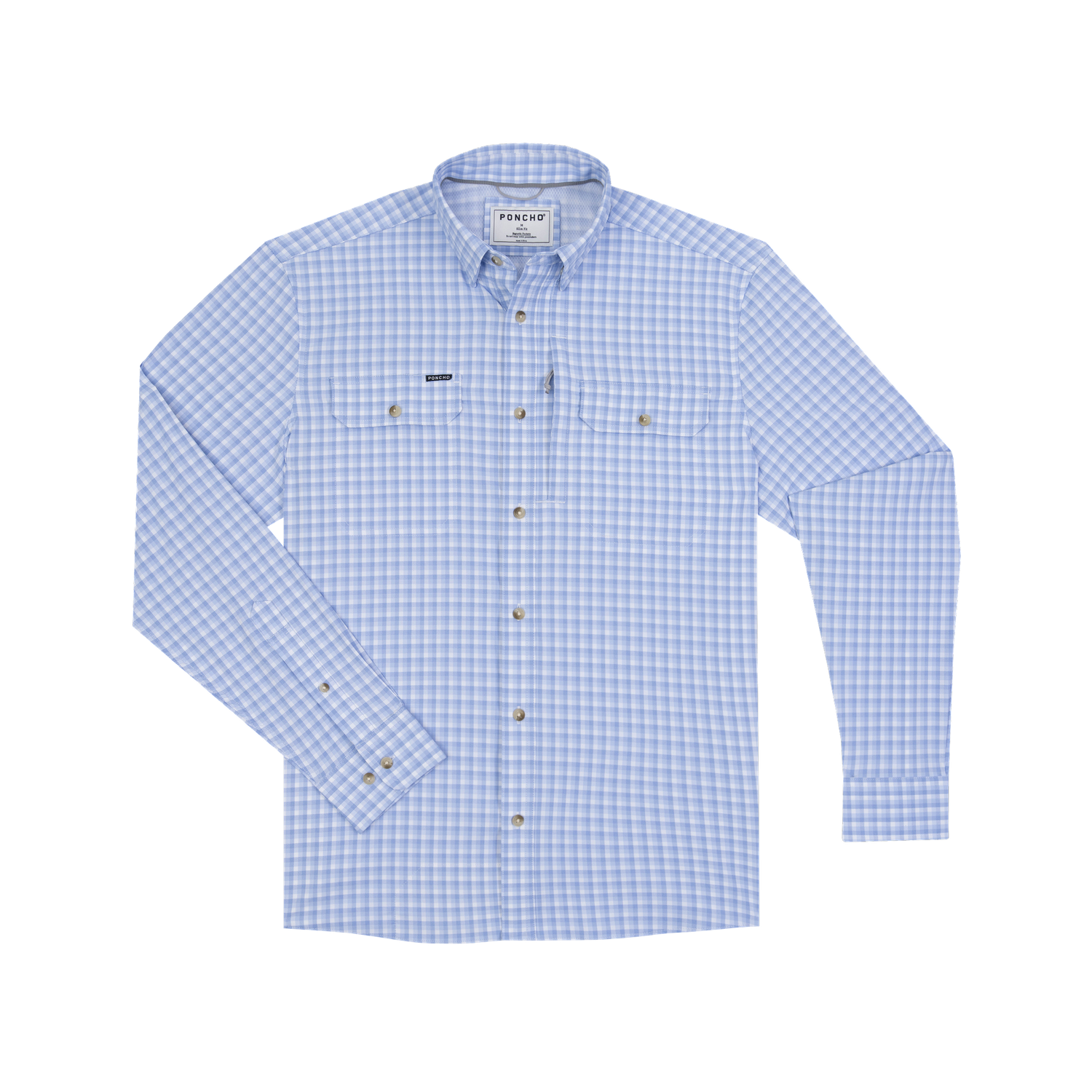 A light blue and white gingham long-sleeve button-down shirt by Helly Hansen, featuring two chest pockets with button closures and a small brand label on the left chest.