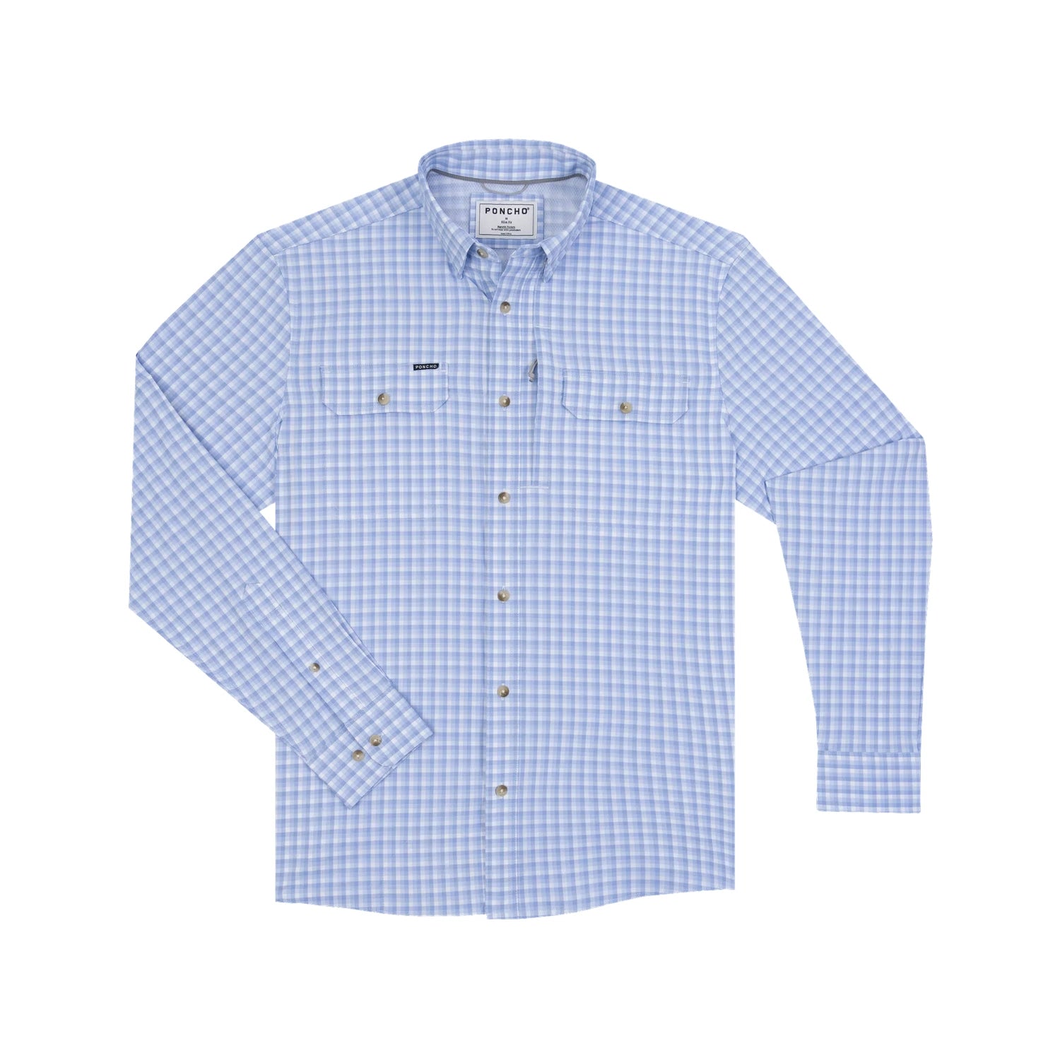 Poncho Outdoors 01. MENS APPAREL - MENS LS SHIRTS - MENS LS BUTTON UP Men's Original Long Sleeve Shirt THE WAHOO | BLUE AND WHITE PLAID | SLIM