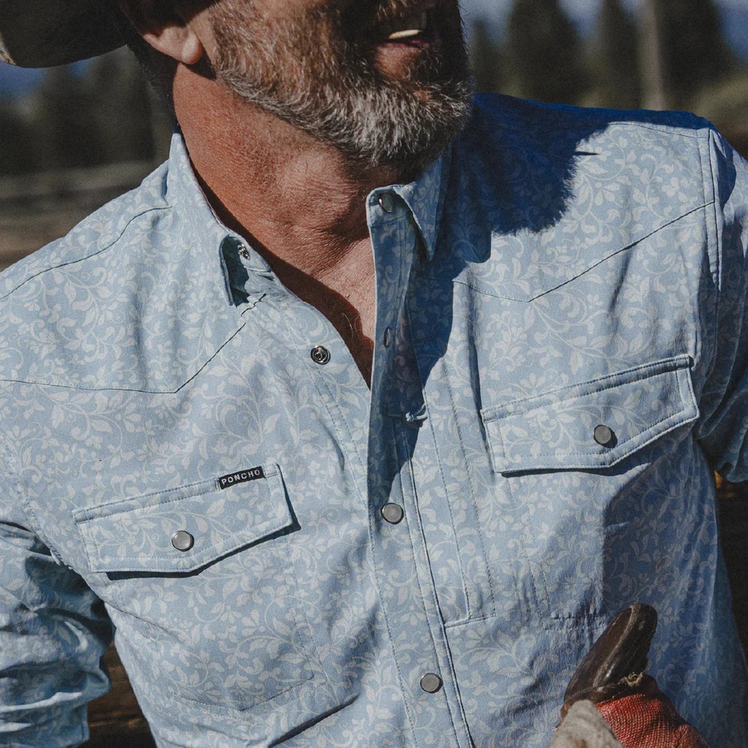Poncho Outdoors 01. MENS APPAREL - MENS SS SHIRTS - MENS SS BUTTON UP Men's Western Pearl Snap Shirt Short Sleeve THE PINOS ALTOS|BLUE WESTERN FLOWER PRINT | SLIM: