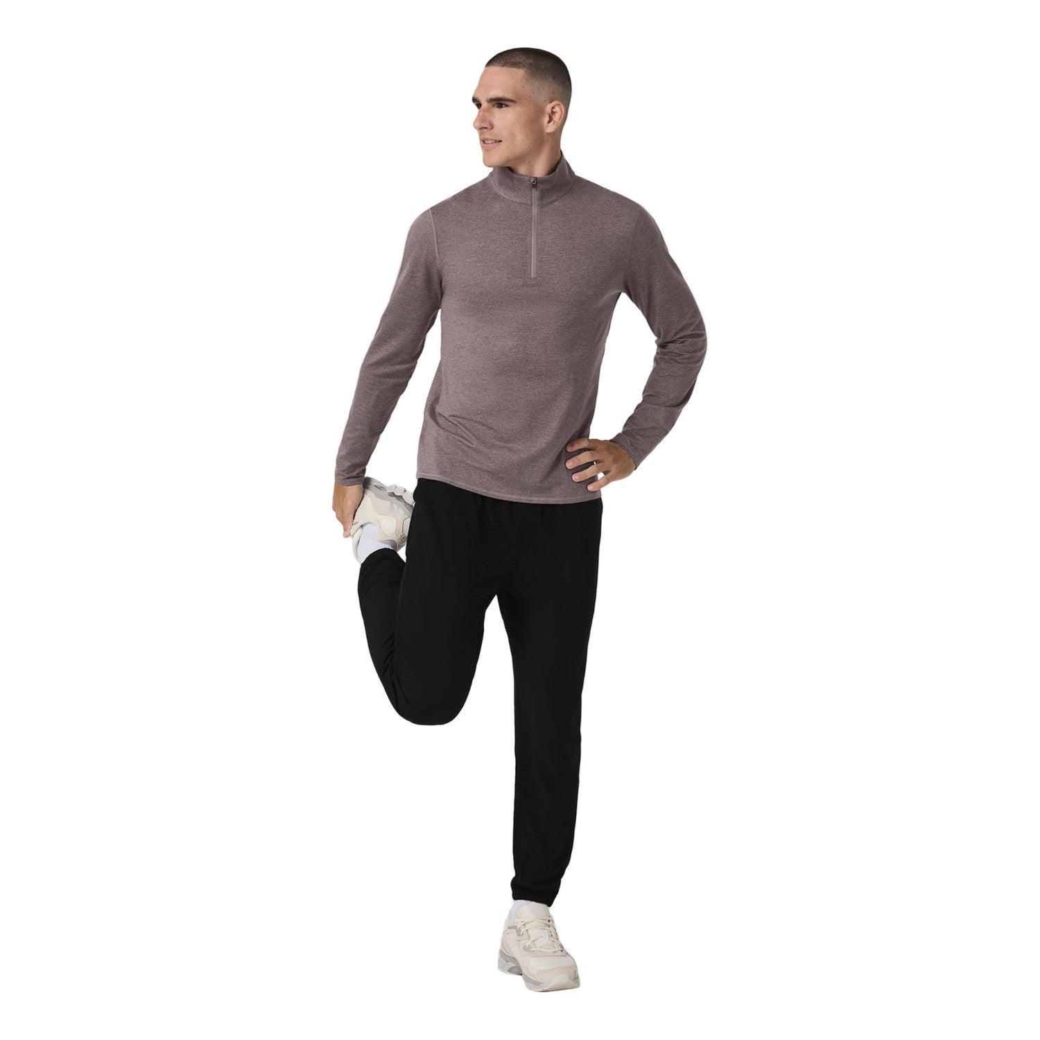 Vuori 01. MENS APPAREL - MENS HOODIES|SWEATERS - MENS PO Q ZIP Men's Ponto Half Zip Mock Neck HHB HUCKLEBERRY HEATHER