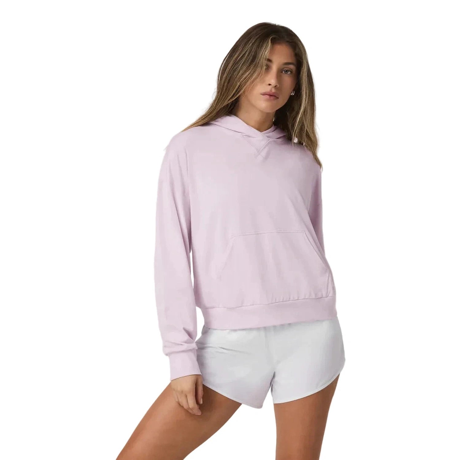 Vuori 02. WOMENS APPAREL - WOMENS HOODIES|SWEATERS - WOMENS PO HOODY Women's Halo Modern Pullover Hoodie LZH LILAC BREEZE HEATHER