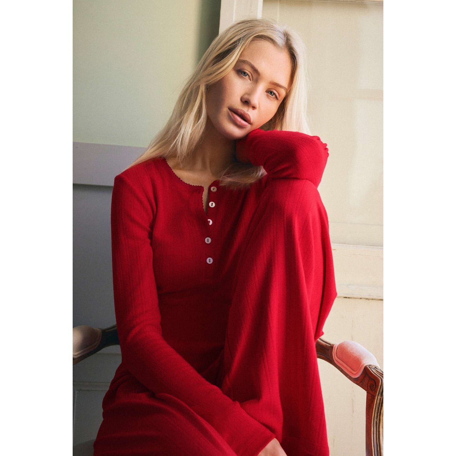 Z Supply 02. WOMENS APPAREL - WOMENS LS SHIRTS - WOMENS LS LOUNGE Women's Holly Pointelle Long Sleeve Top FVR FESTIVE RED