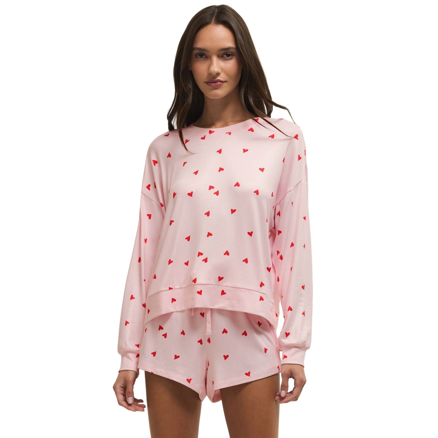 Z Supply 02. WOMENS APPAREL - WOMENS LS SHIRTS - WOMENS LS LOUNGE Women's Mira Heart Long Sleeve Top PIM PINK MARSHMALLOW