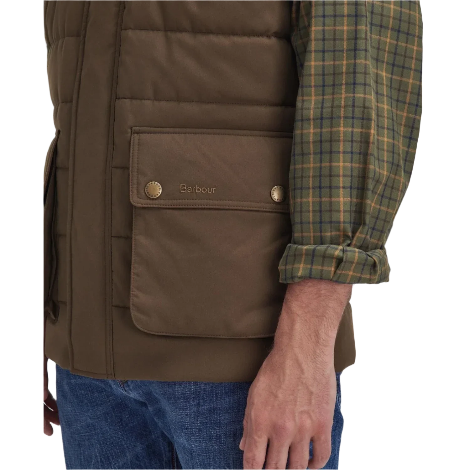 Barbour 01. MENS APPAREL - MENS VEST - MENS VEST INSULATED Men's Barbour Bradford Tattersall Puffer Gilet DARK SAND