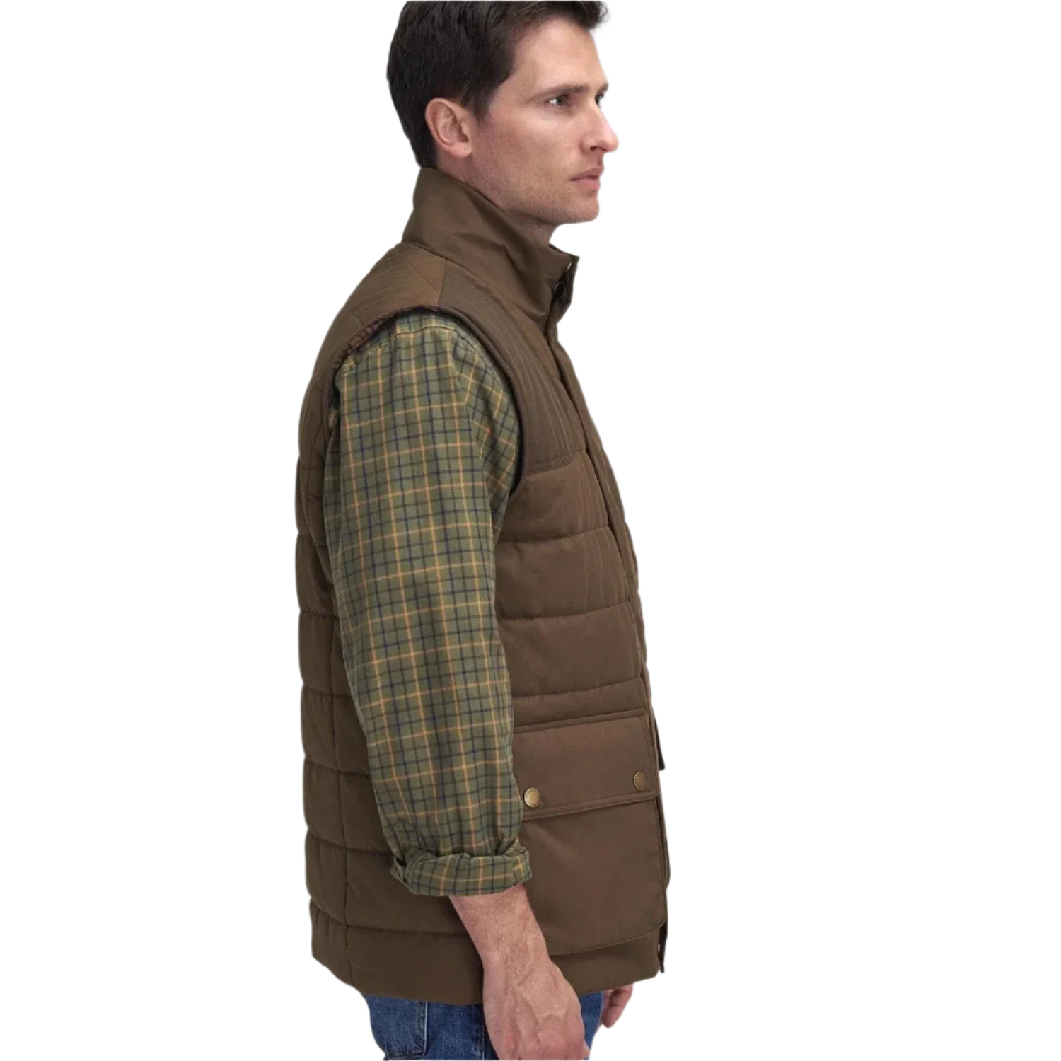 Barbour 01. MENS APPAREL - MENS VEST - MENS VEST INSULATED Men's Barbour Bradford Tattersall Puffer Gilet DARK SAND