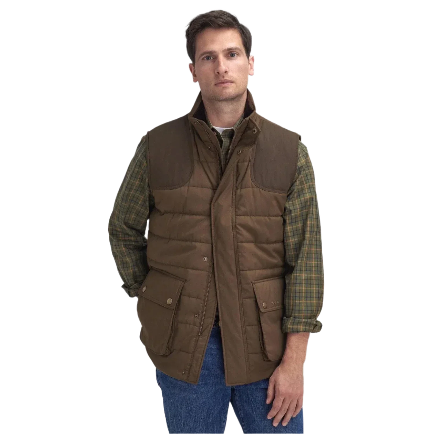 Barbour 01. MENS APPAREL - MENS VEST - MENS VEST INSULATED Men's Barbour Bradford Tattersall Puffer Gilet DARK SAND