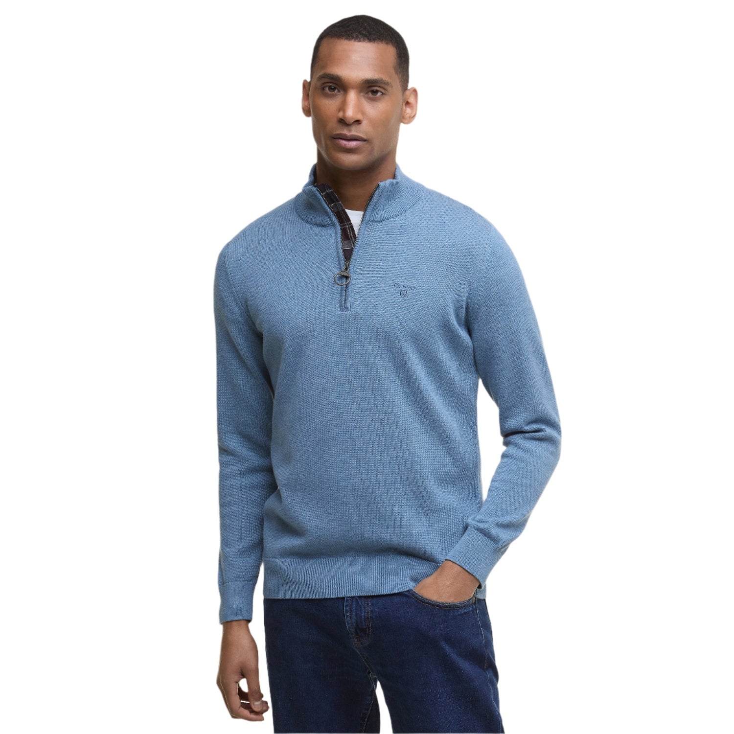 Barbour 01. MENS APPAREL - MENS HOODIES|SWEATERS - MENS PO Q ZIP Men's Cotton Half Zip Knitted Jumper BLUE STONE