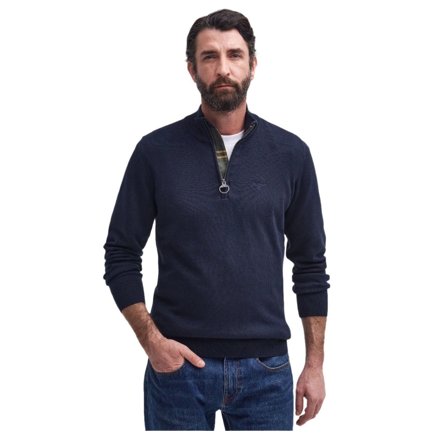 Barbour 01. MENS APPAREL - MENS HOODIES|SWEATERS - MENS PO Q ZIP Men's Cotton Half Zip Knitted Jumper NAVY