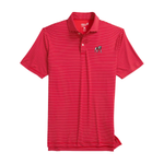 Red striped polo shirt with a small logo on a white background