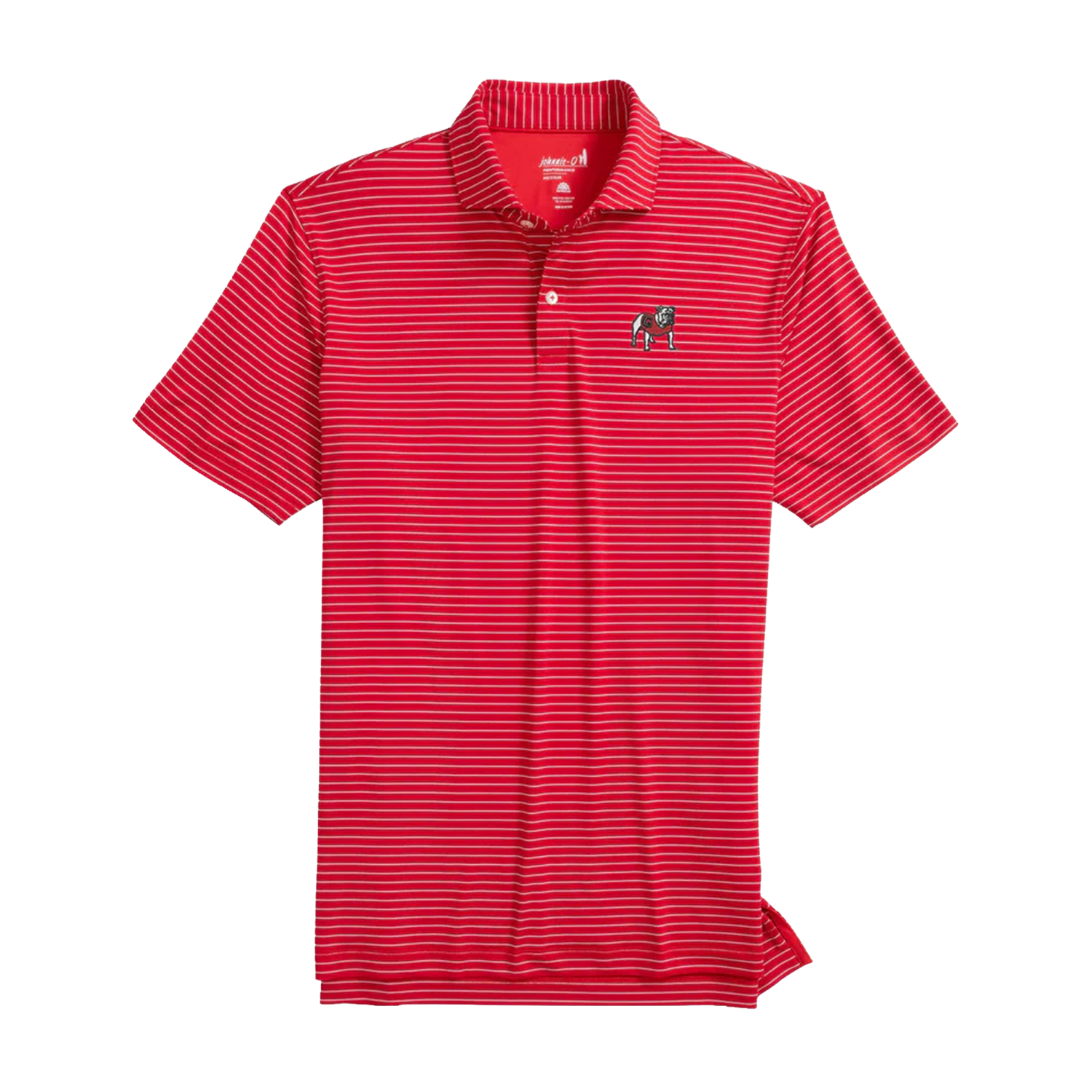 Red striped polo shirt with a small logo on a white background