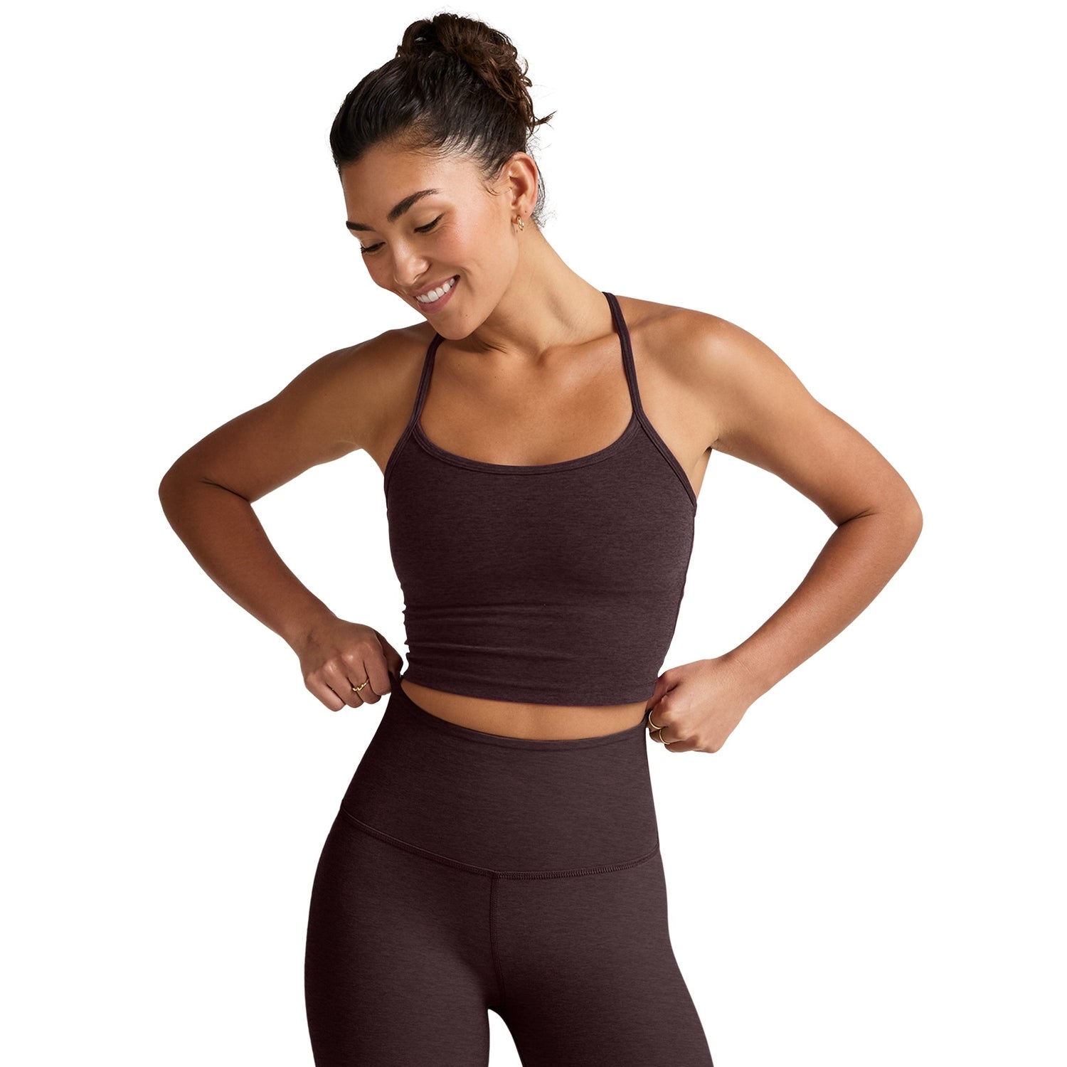 Beyond Yoga 02. WOMENS APPAREL - WOMENS SS SHIRTS - WOMENS TANK ACTIVE Women's Spacedye Slim Racerback Cropped Tank DARK CHOCOLATE HEATHER