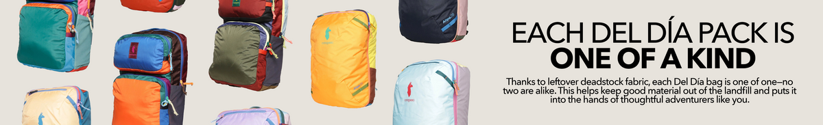 Each Del Día pack is one of a kind: made from leftover deadstock fabric, no two are alike.