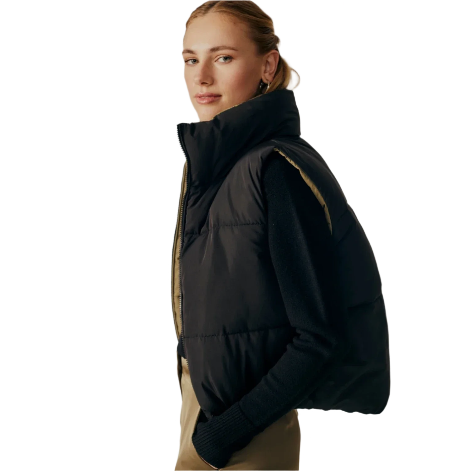 Deluc 02. WOMENS APPAREL - WOMENS VEST - WOMENS VEST INSULATED Women's Kanvas Reversible Puffer Gilet BLACK | ARMY GREEN