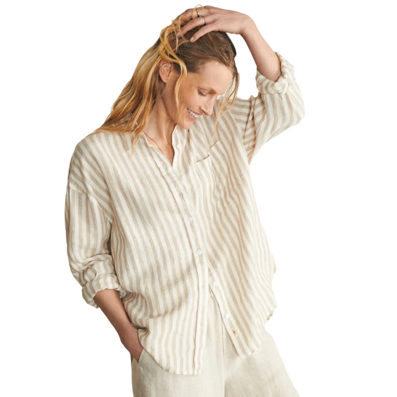 Faherty 02. WOMENS APPAREL - WOMENS LS SHIRTS - WOMENS LS CASUAL Women's Laguna Linen Relaxed Shirt TAN LUCY STRIPE