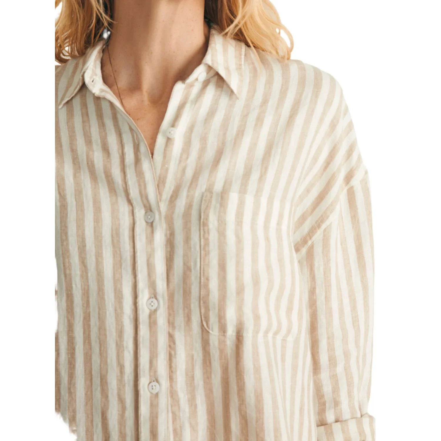 Faherty 02. WOMENS APPAREL - WOMENS LS SHIRTS - WOMENS LS CASUAL Women's Laguna Linen Relaxed Shirt TAN LUCY STRIPE