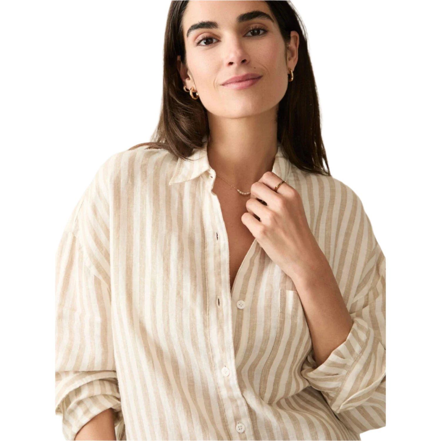 Faherty 02. WOMENS APPAREL - WOMENS LS SHIRTS - WOMENS LS CASUAL Women's Laguna Linen Relaxed Shirt TAN LUCY STRIPE